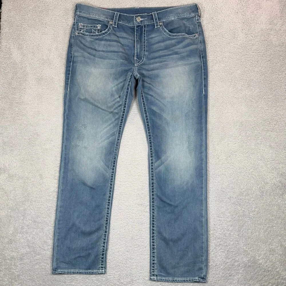True Religion Section Slim Mens Jeans 40 Medium Wash White Contrast Stitch Blue